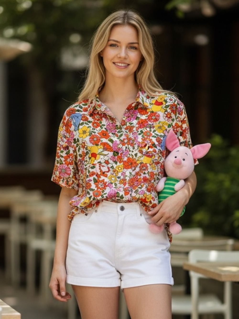 Disney Winnie the Pooh Multicolor Floral Button-Down Lightweight Shirt Size S